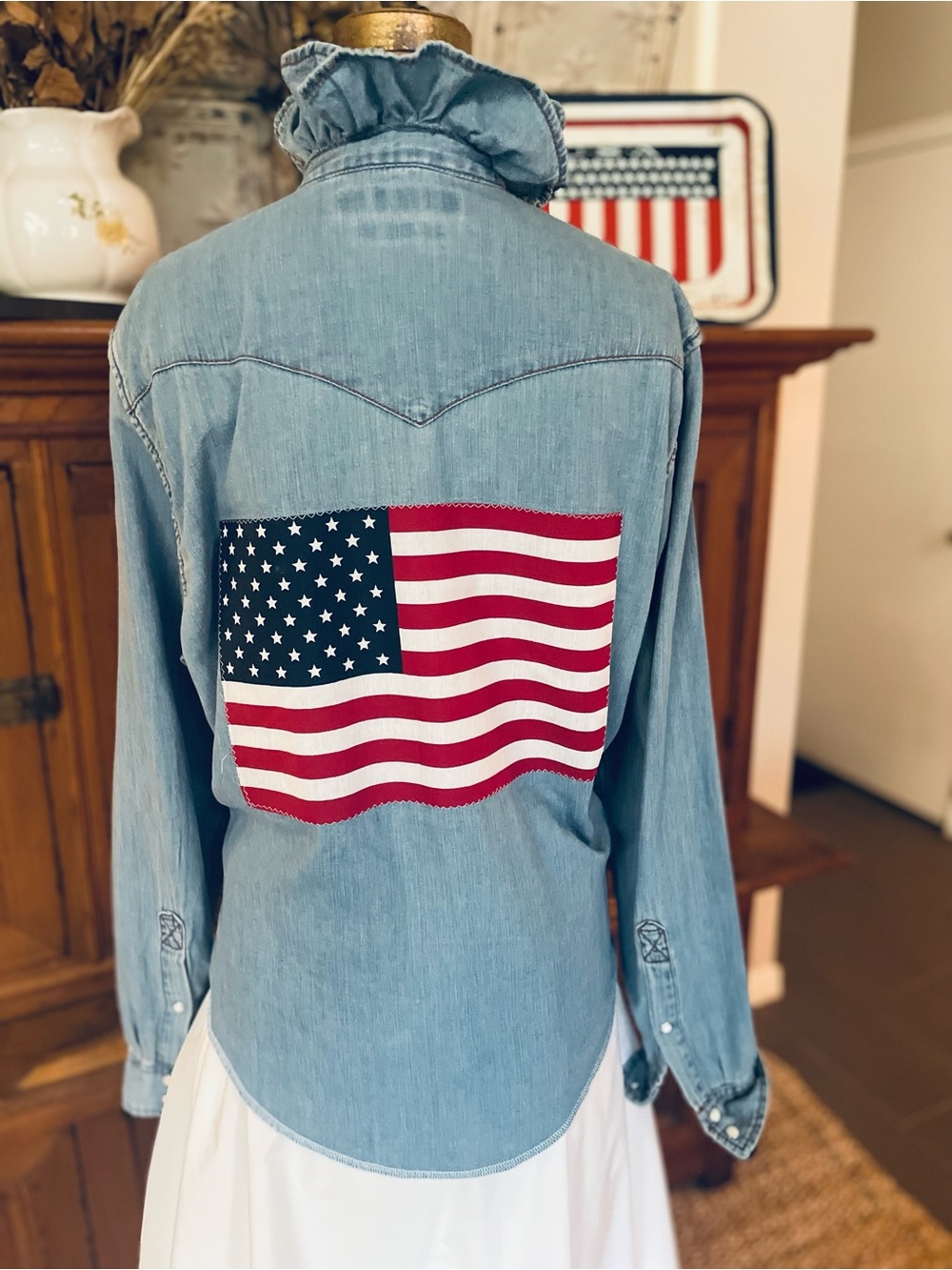 Upcycled Women’s Denim Western Shirt Ruffle Collar USA Flag